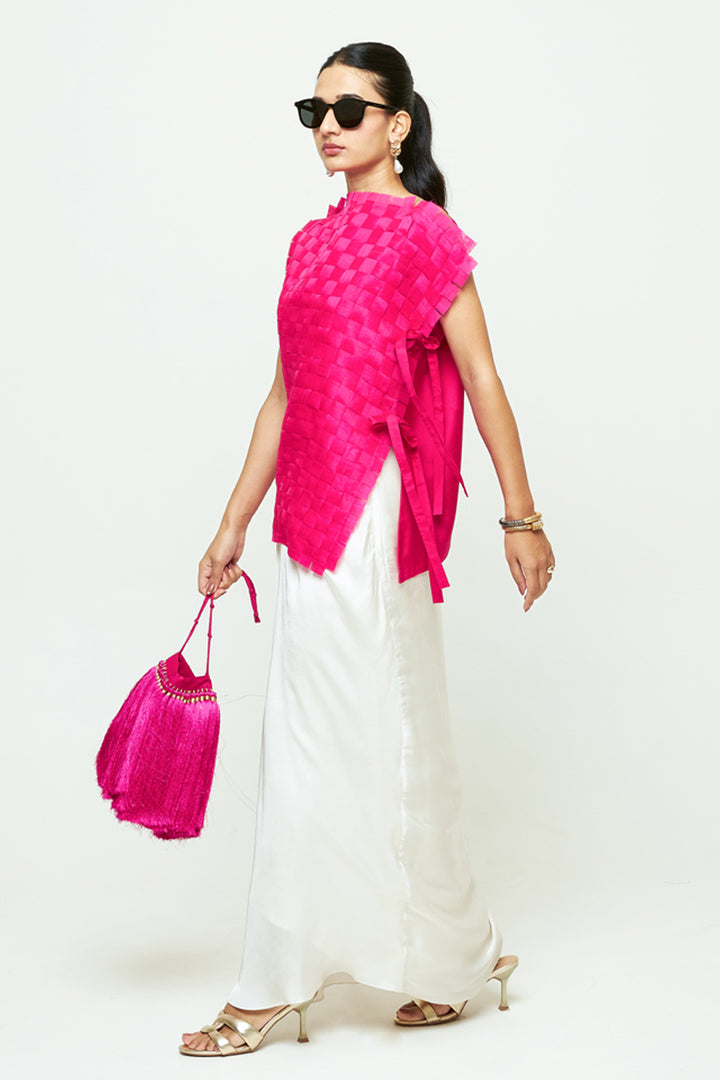 Isa Pink Asymmetrical Textured Top Skirt Set