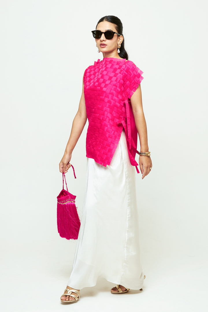 Isa Pink Asymmetrical Textured Top Skirt Set