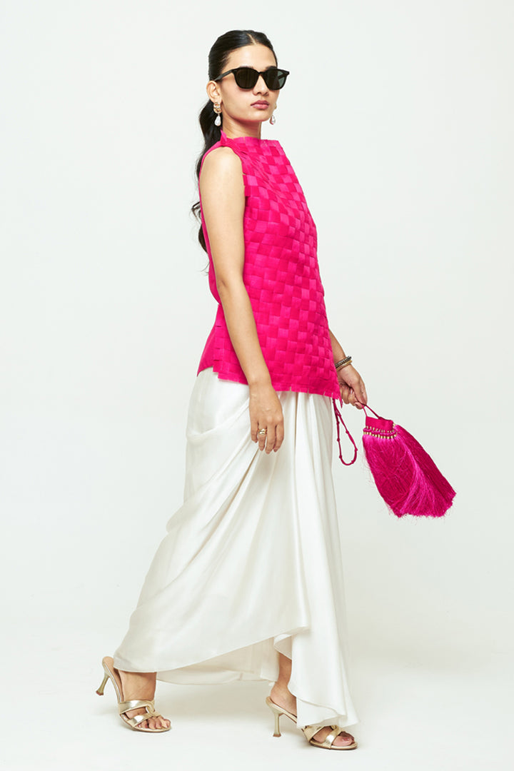 Isa Pink Asymmetrical Textured Top Skirt Set