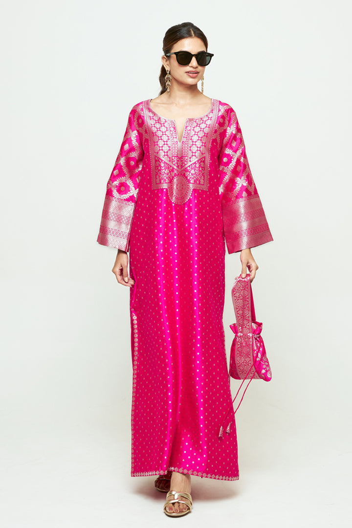 Neet Pink Statement Silk Kaftan With Brocade Detail