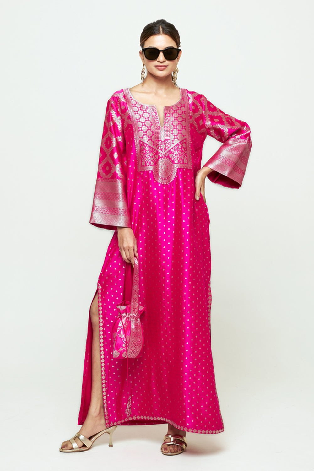 Neet Pink Statement Silk Kaftan With Brocade Detail