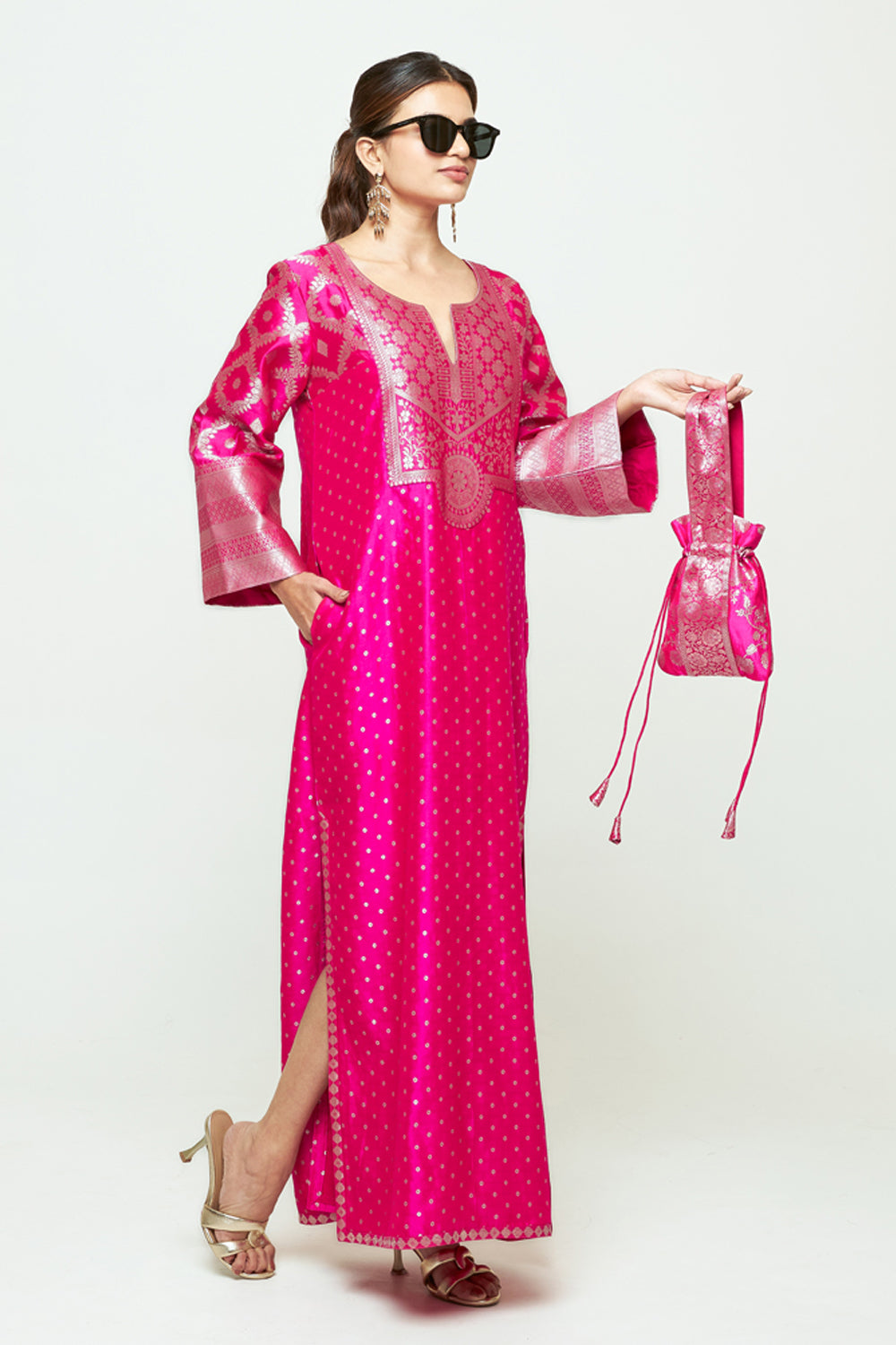 Neet Pink Statement Silk Kaftan With Brocade Detail