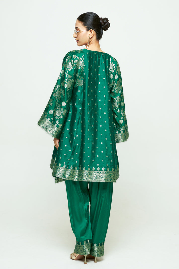 Gulnaz Green Floral Brocade Choga Kurta With Farshi Salwar