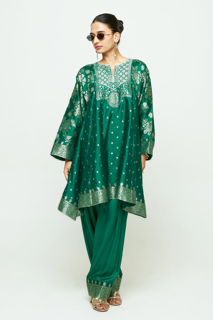 Gulnaz Green Floral Brocade Choga Kurta With Farshi Salwar