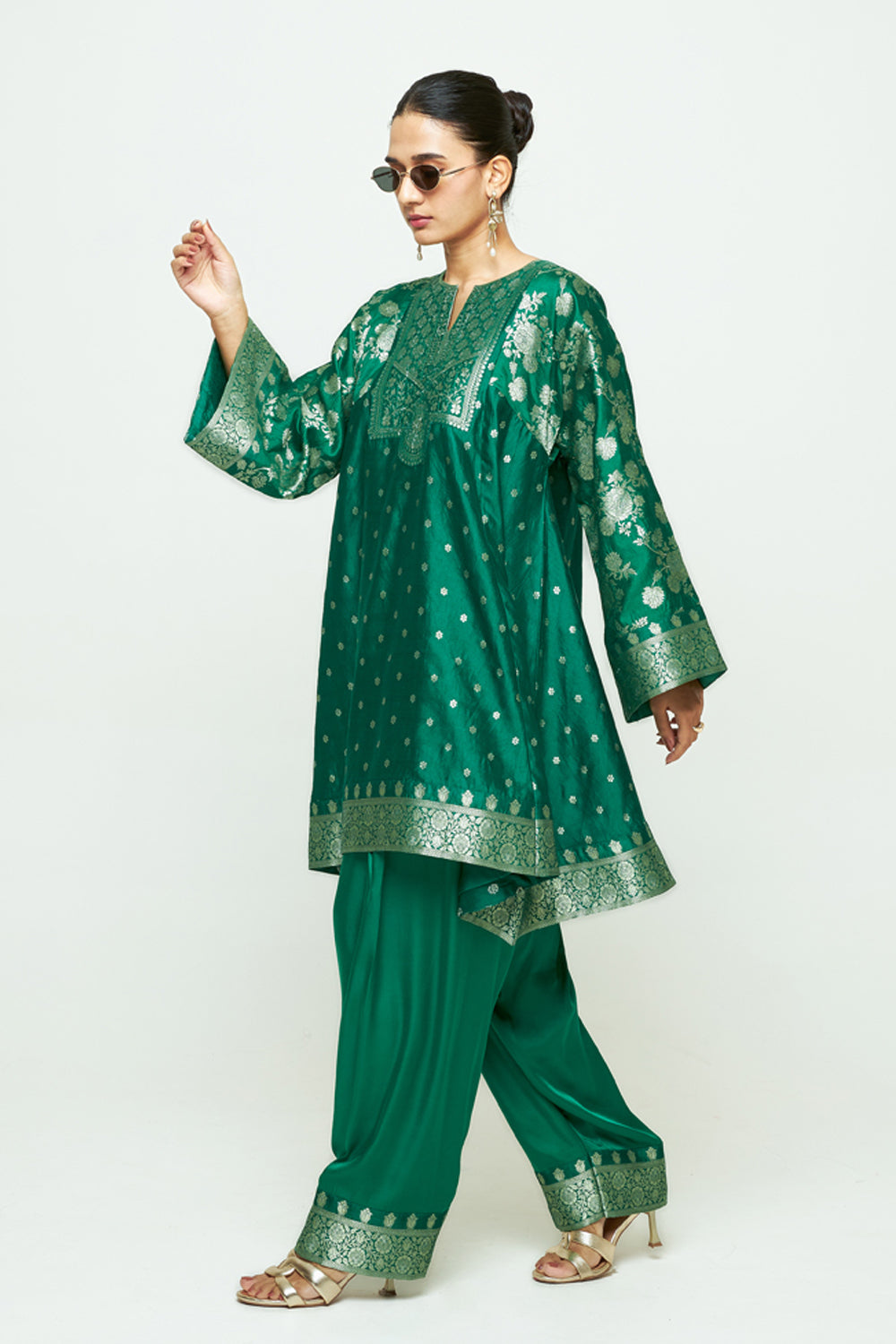 Gulnaz Green Floral Brocade Choga Kurta With Farshi Salwar
