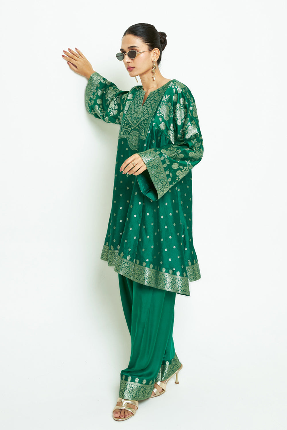 Gulnaz Green Floral Brocade Choga Kurta With Farshi Salwar