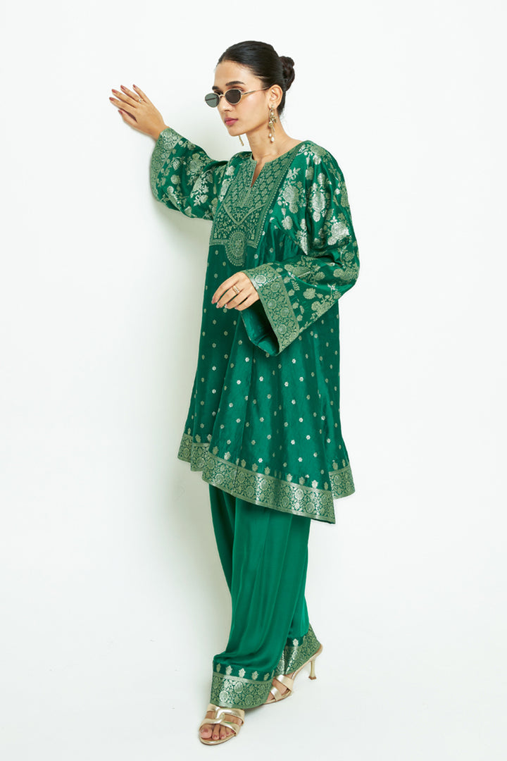 Gulnaz Green Floral Brocade Choga Kurta With Farshi Salwar