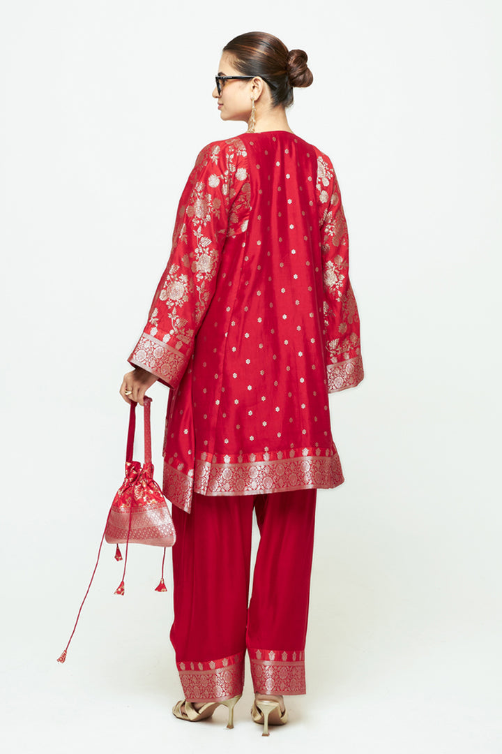 Gulnaz Red Floral Brocade Choga Kurta With Farshi Salwar