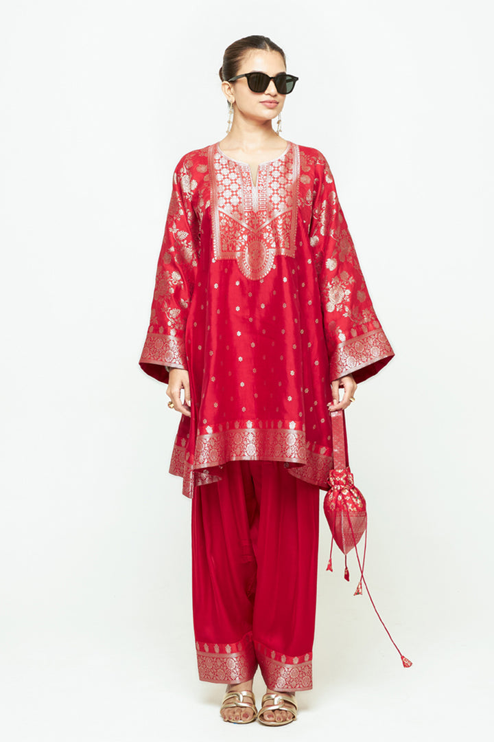 Gulnaz Red Floral Brocade Choga Kurta With Farshi Salwar