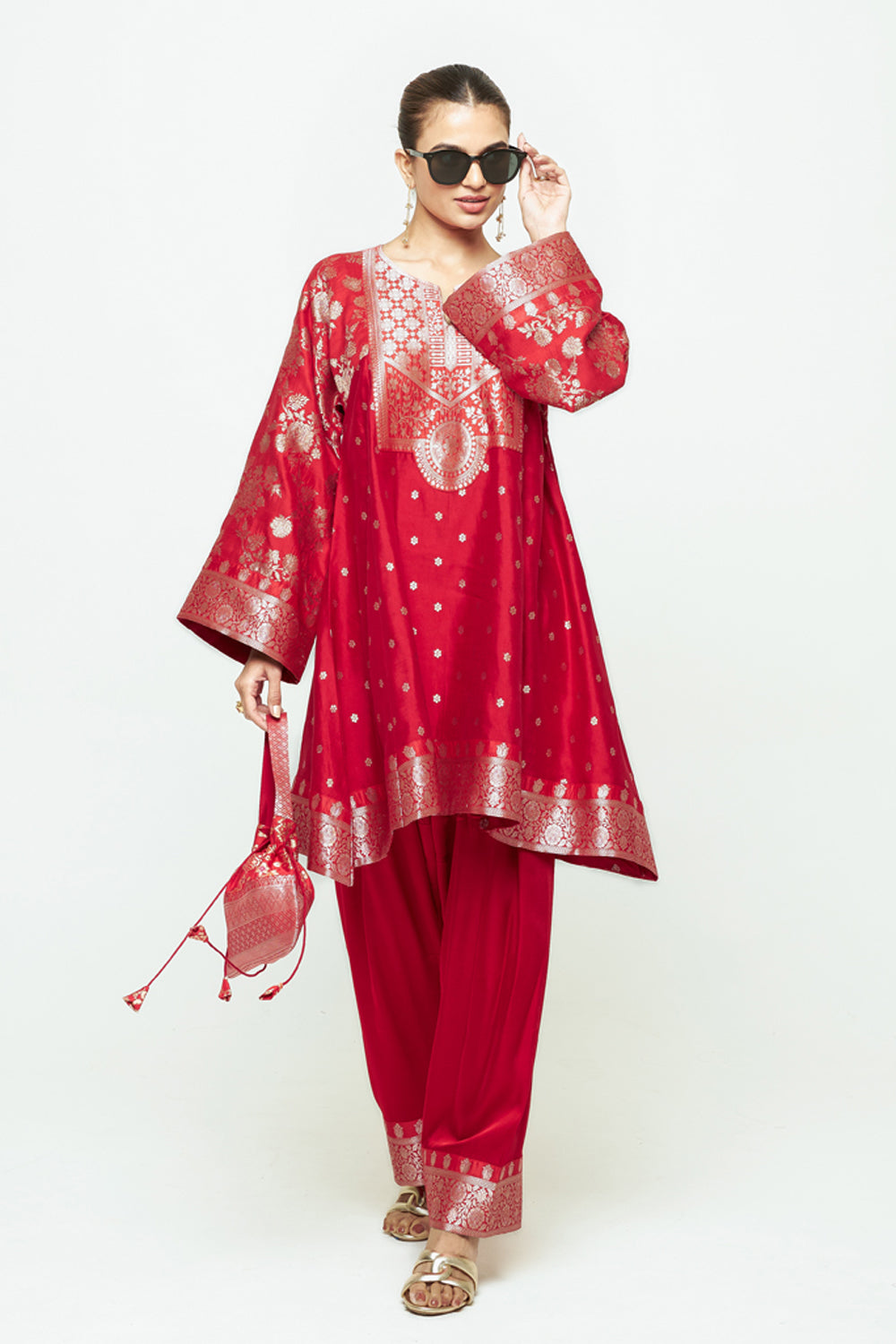 Gulnaz Red Floral Brocade Choga Kurta With Farshi Salwar