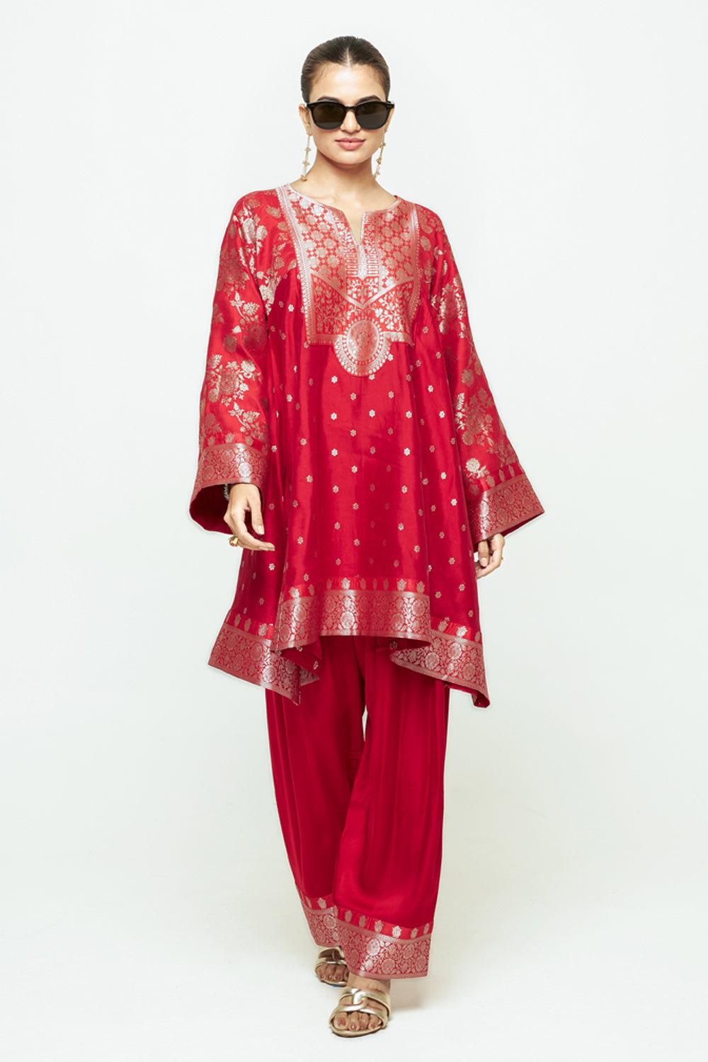 Gulnaz Red Floral Brocade Choga Kurta With Farshi Salwar