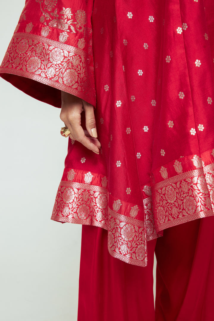 Gulnaz Red Floral Brocade Choga Kurta With Farshi Salwar