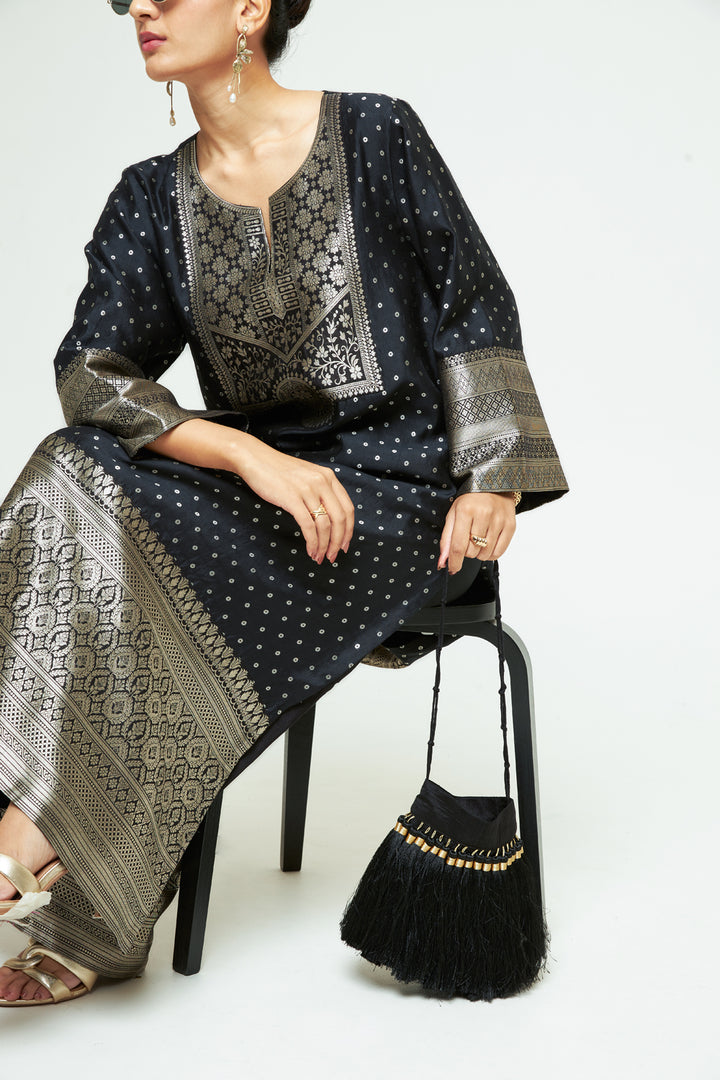 Neet Black Statement Brocade Silk Kaftan