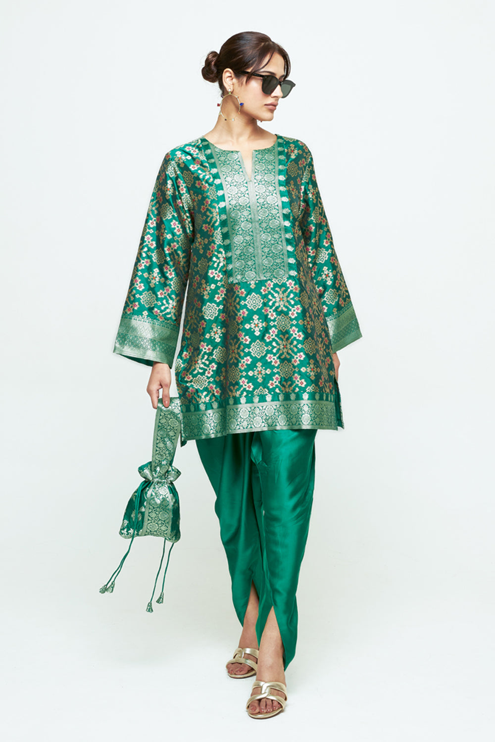 Meena Green Brocade Short Kurta With Dhoti
