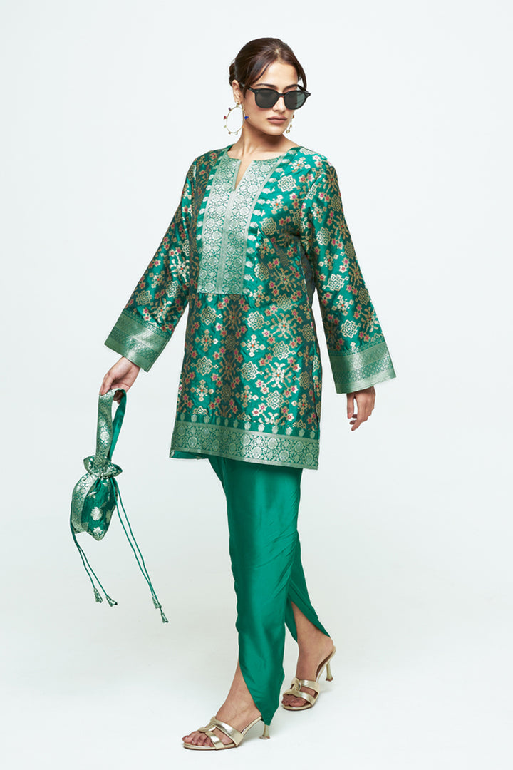 Meena Green Brocade Short Kurta With Dhoti