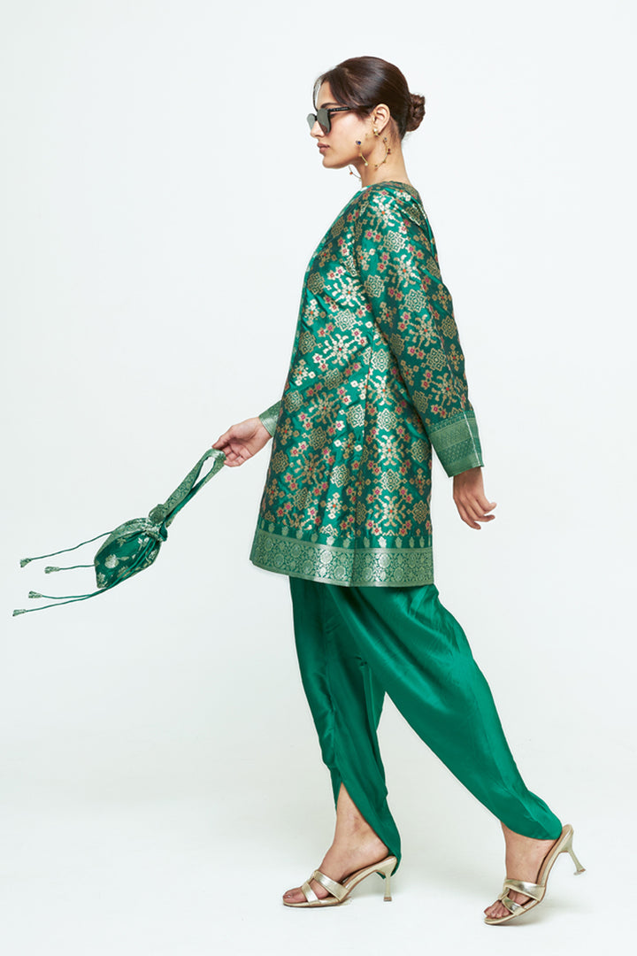 Meena Green Brocade Short Kurta With Dhoti