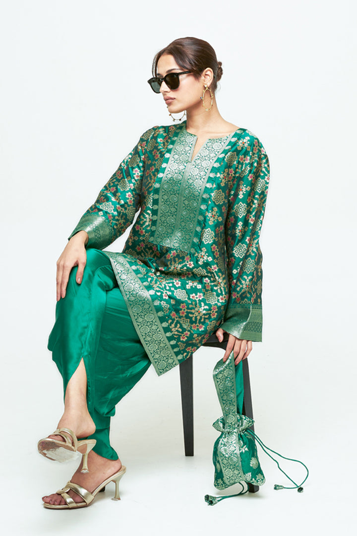 Meena Green Brocade Short Kurta With Dhoti