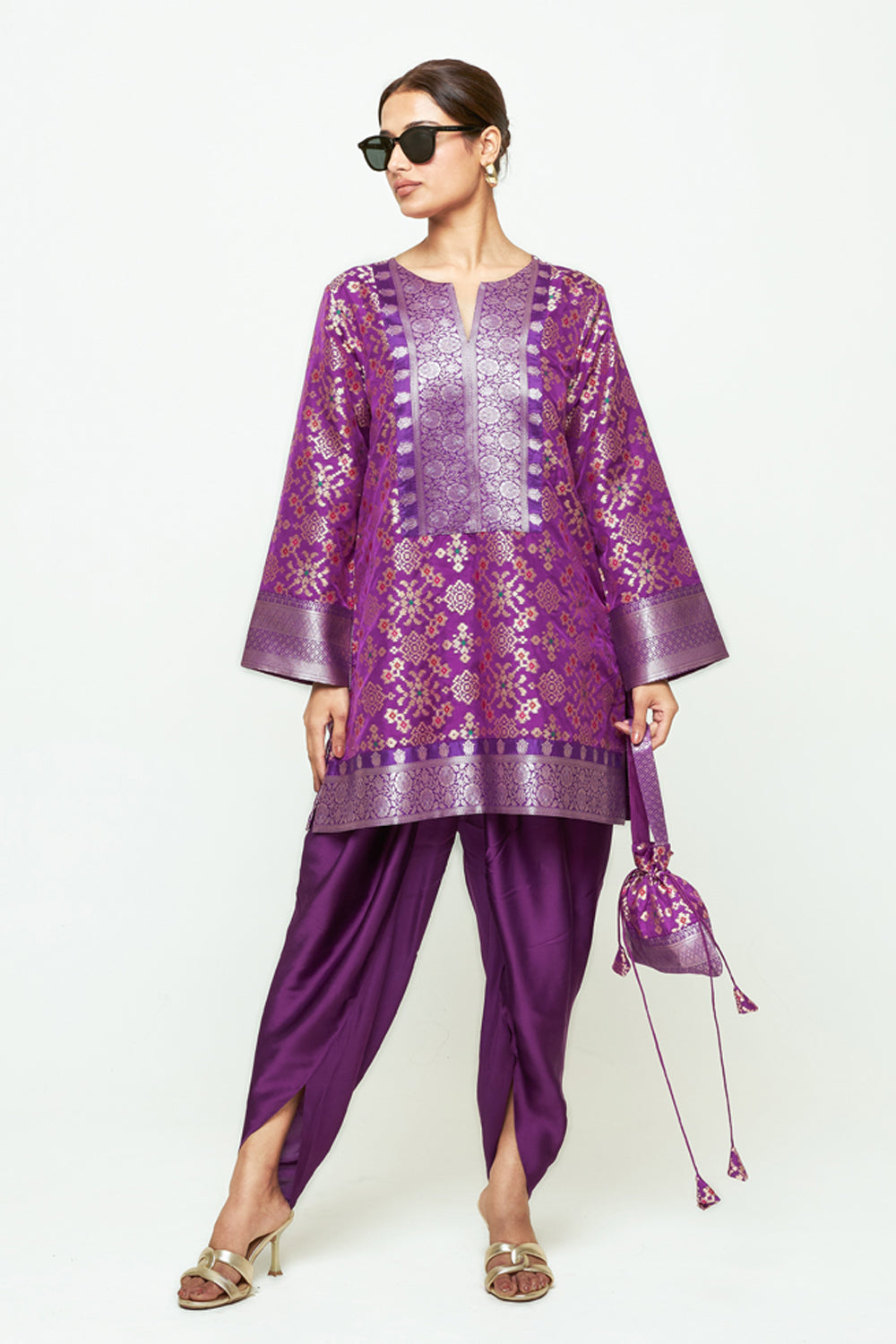 Meena Purple Brocade Short Kurta With Dhoti