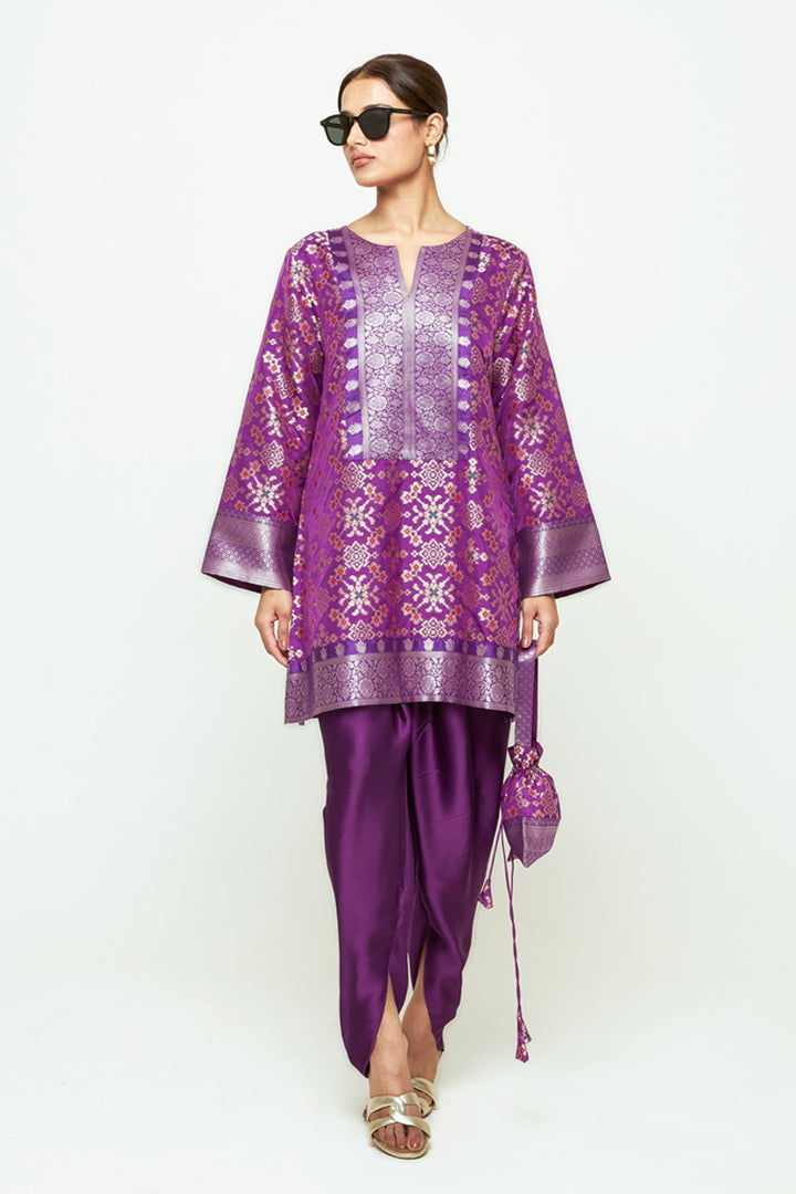 Meena Purple Brocade Short Kurta With Dhoti