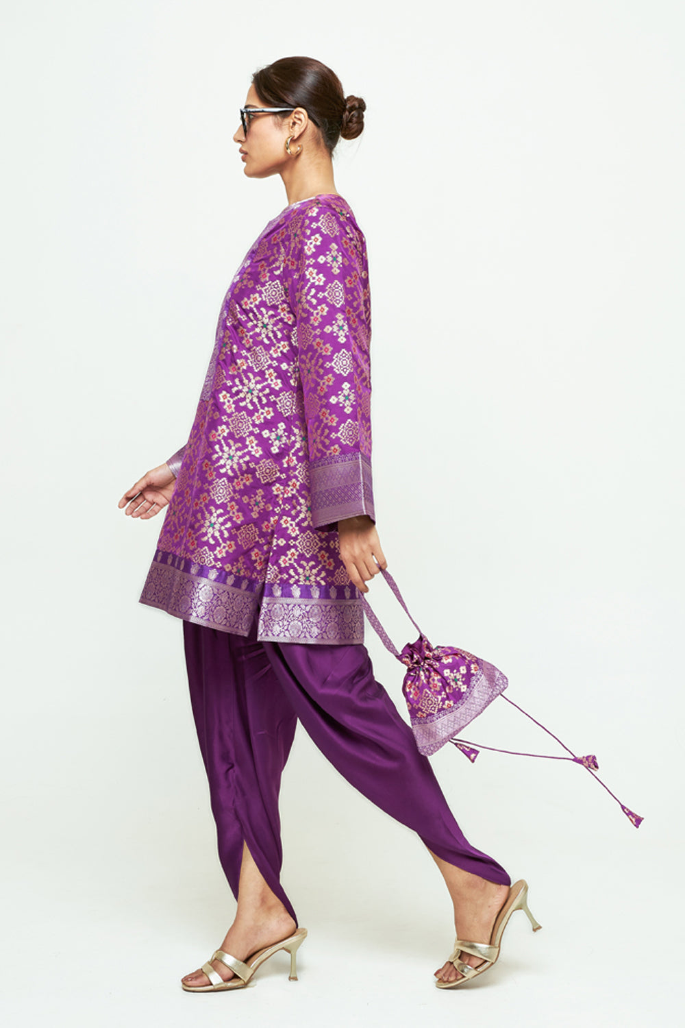 Meena Purple Brocade Short Kurta With Dhoti