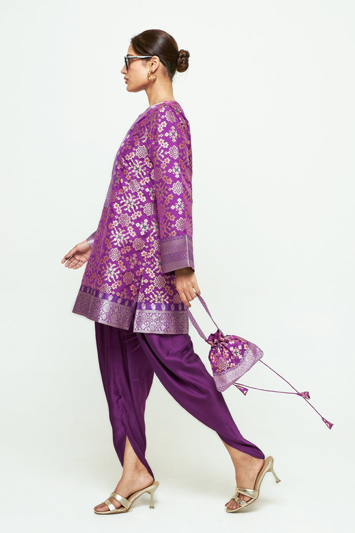 Meena Purple Brocade Short Kurta With Dhoti