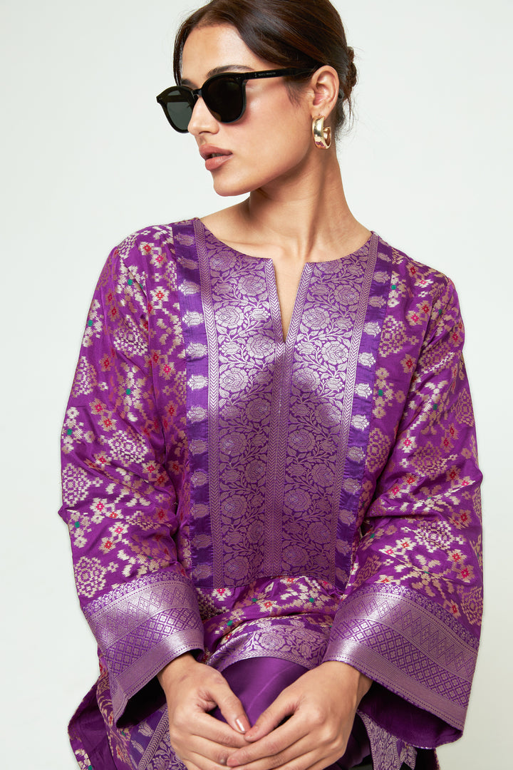 Meena Purple Brocade Short Kurta With Dhoti