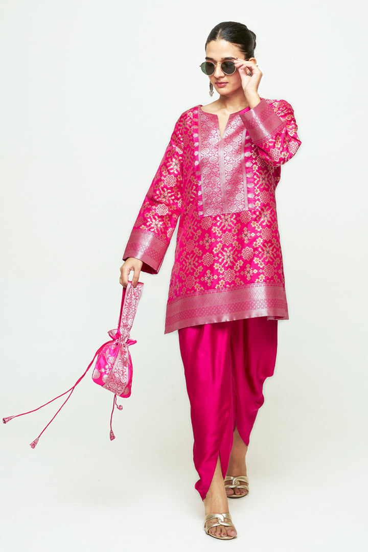 Meena Pink Brocade Short Kurta With Dhoti