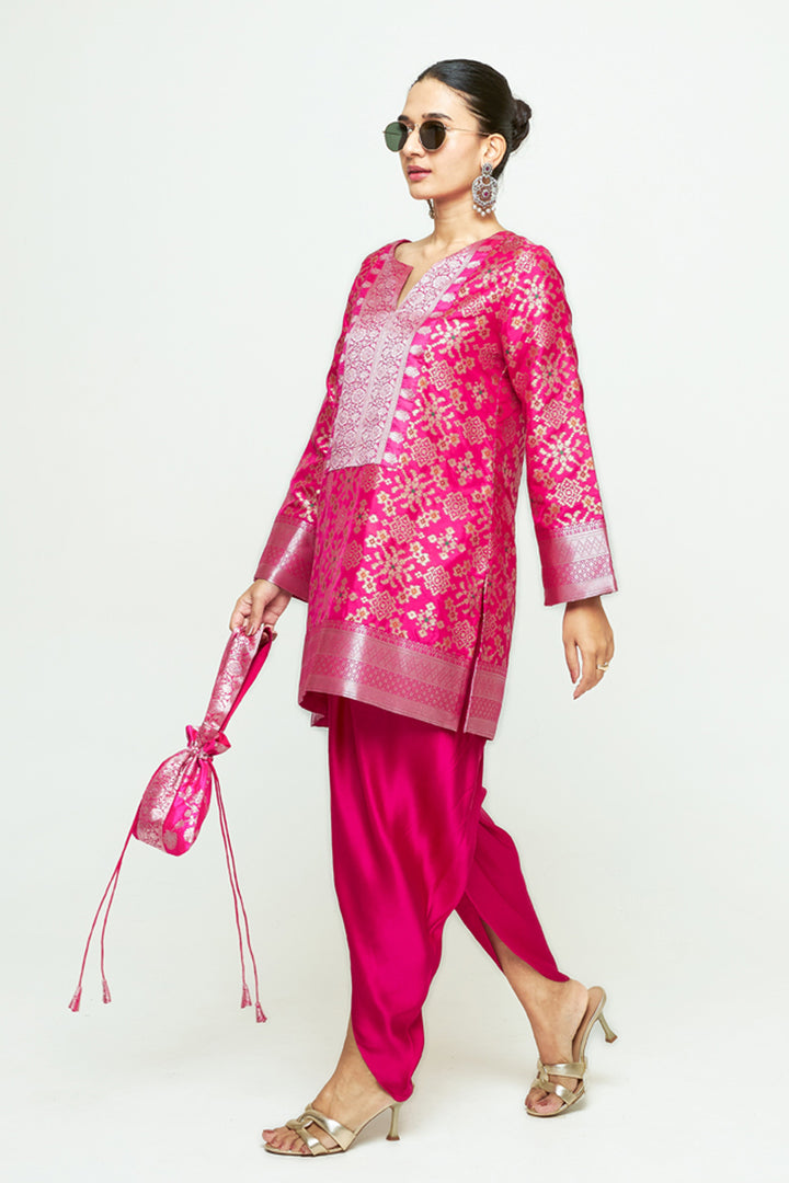 Meena Pink Brocade Short Kurta With Dhoti