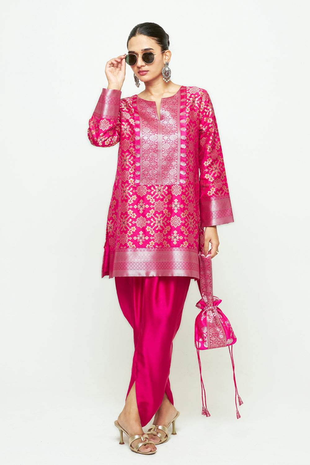 Meena Pink Brocade Short Kurta With Dhoti