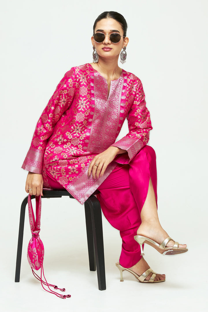 Meena Pink Brocade Short Kurta With Dhoti