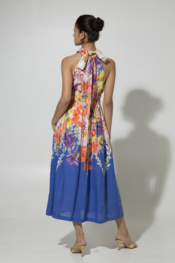 Blue Isla Halter Linen Dress