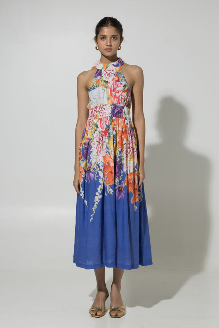 Blue Isla Halter Linen Dress