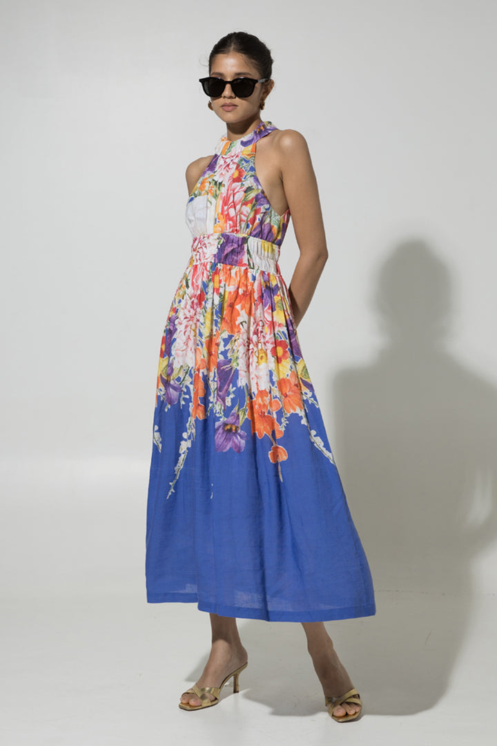 Blue Isla Halter Linen Dress