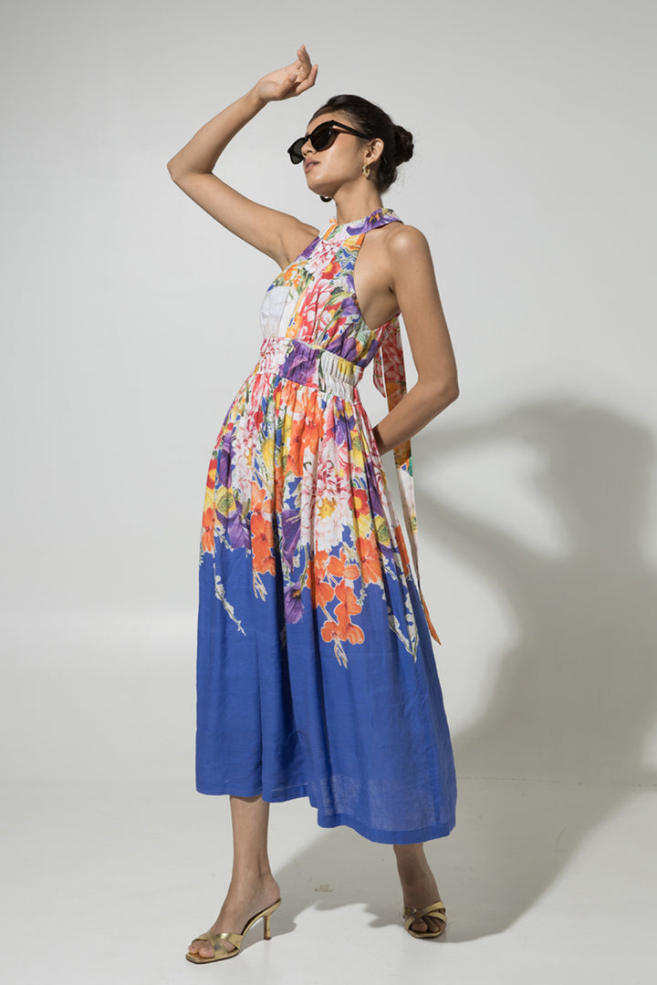 Blue Isla Halter Linen Dress