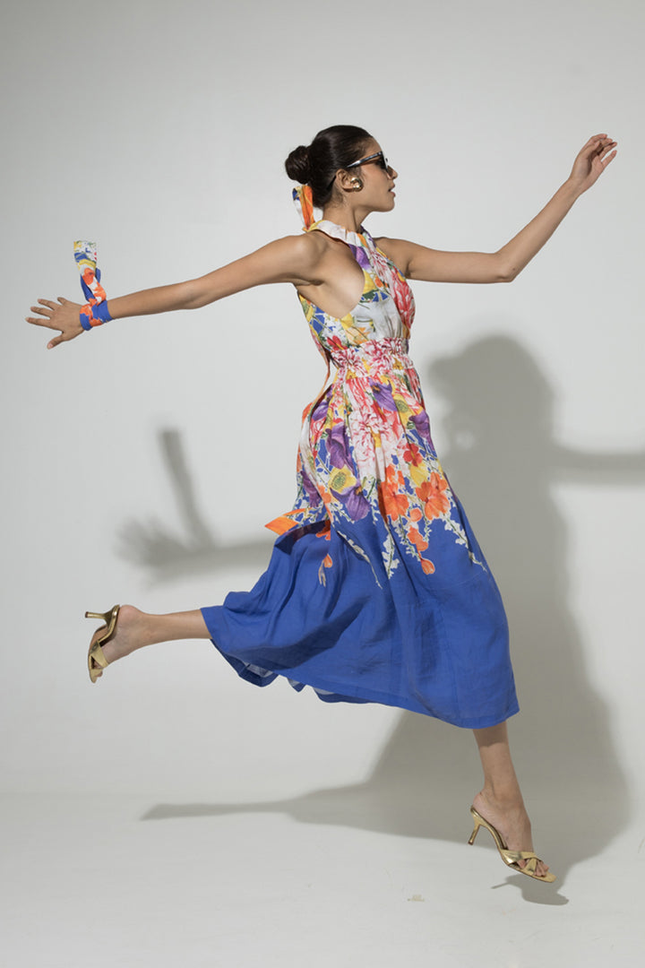Blue Isla Halter Linen Dress