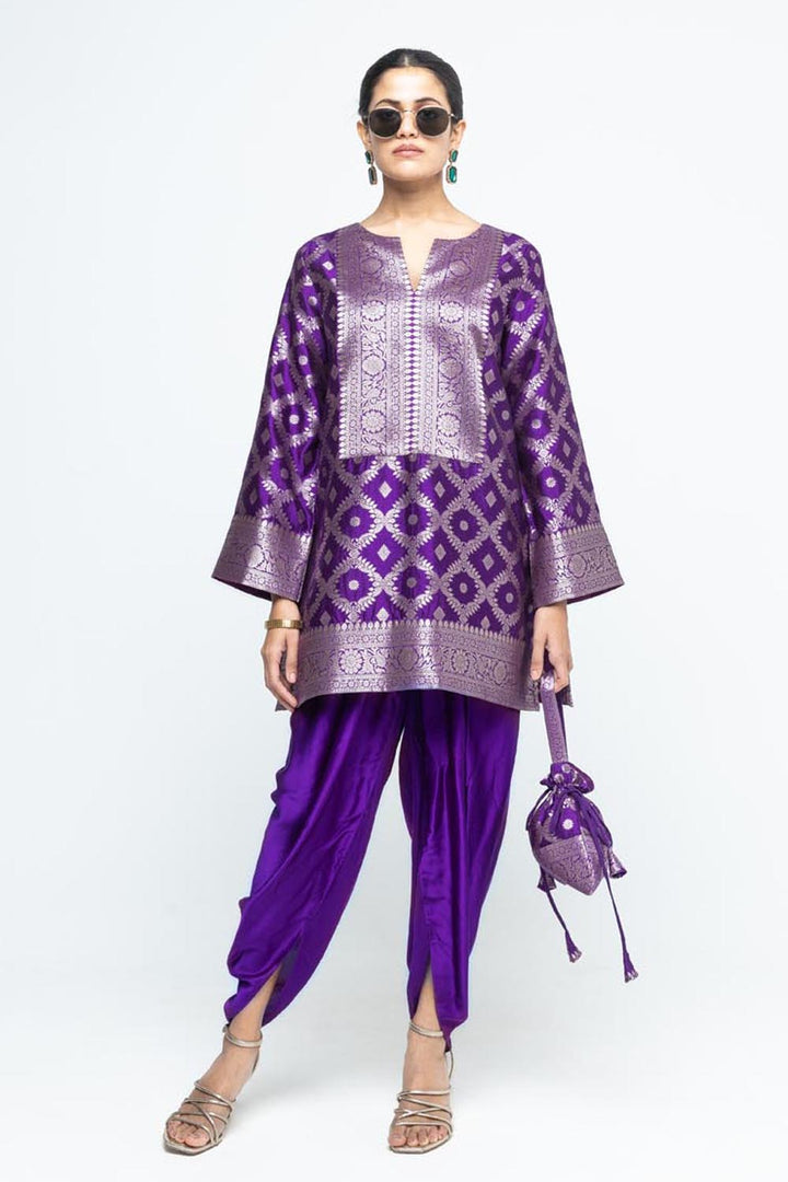 Heer Purple Brocade Jaal Kurta With Dhoti Set