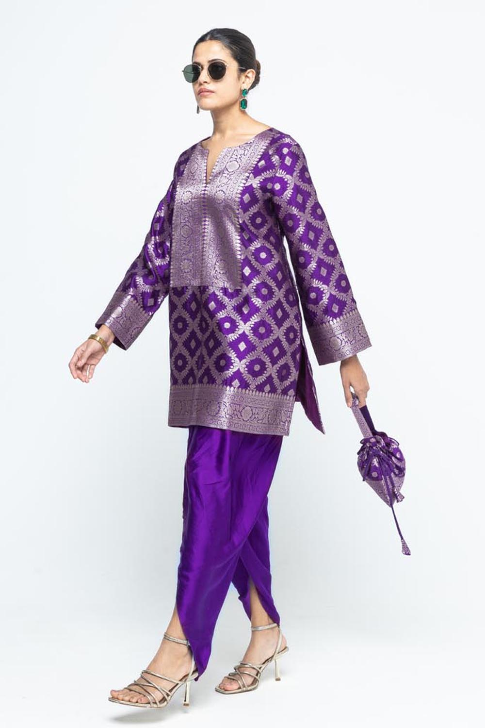 Heer Purple Brocade Jaal Kurta With Dhoti Set