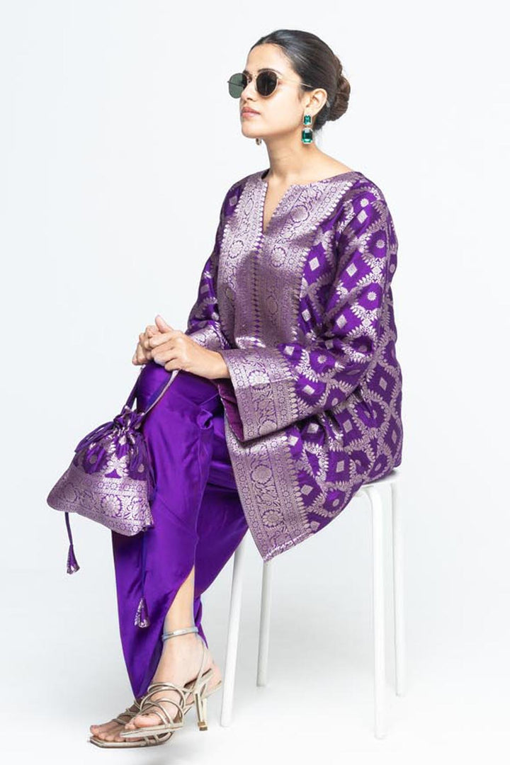 Heer Purple Brocade Jaal Kurta With Dhoti Set