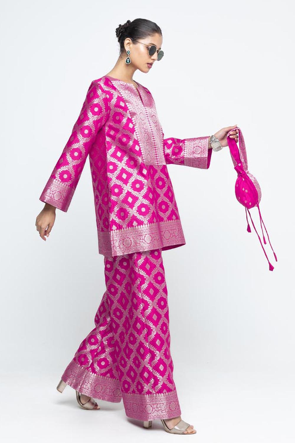 Heera Brocade Jaal Kurta With Pants - Pink