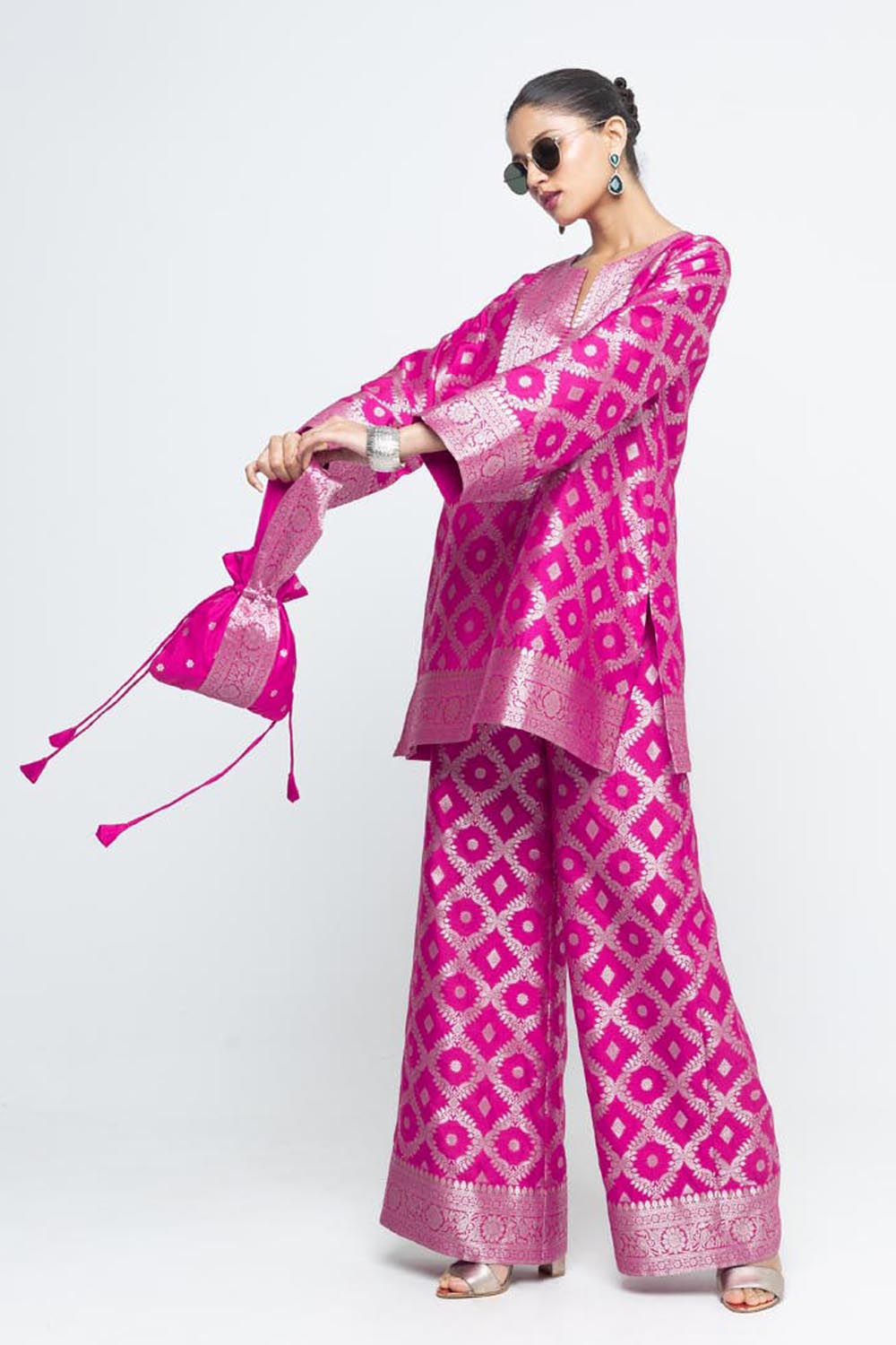 Heera Brocade Jaal Kurta With Pants - Pink