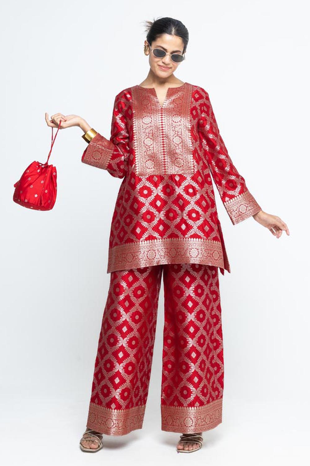 Heera Brocade Jaal Kurta With Pants - Red