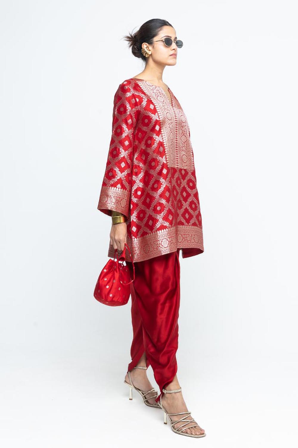 Heer Red Brocade Jaal Kurta With Dhoti Set