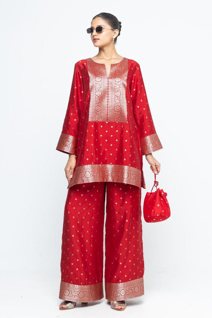 Mehak Red Butti Brocade Kurta With Pants
