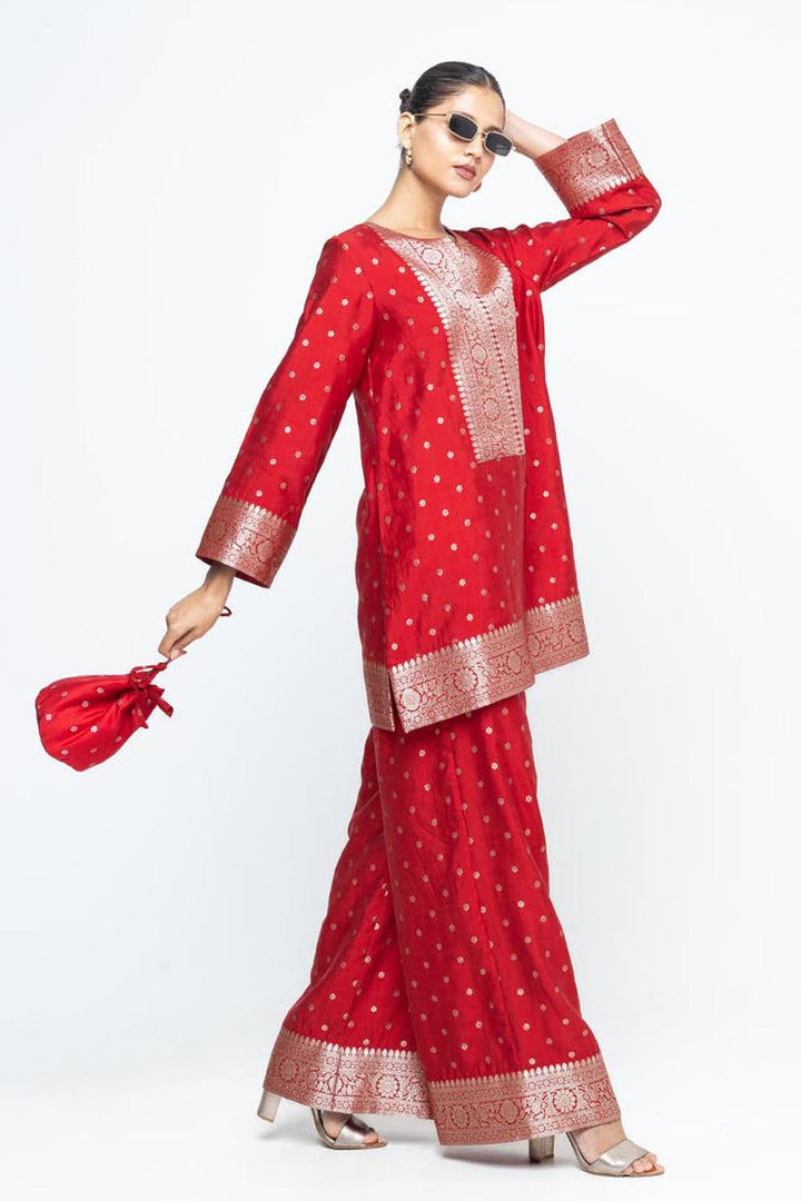 Mehak Red Butti Brocade Kurta With Pants