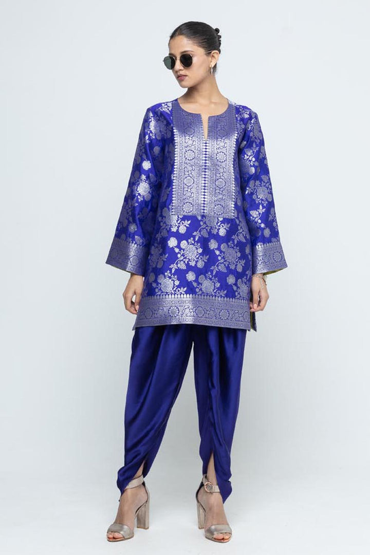 Gul Floral Brocade Kurta With Dhoti Set- Ultramarine