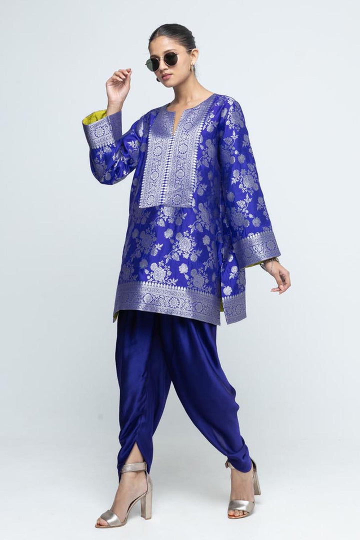 Gul Floral Brocade Kurta With Dhoti Set- Ultramarine