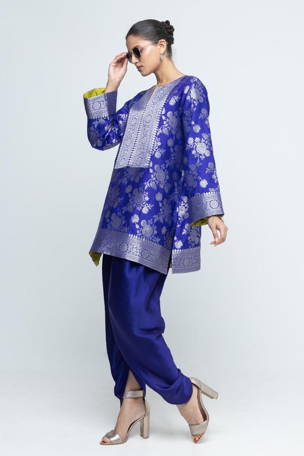 Gul Floral Brocade Kurta With Dhoti Set- Ultramarine