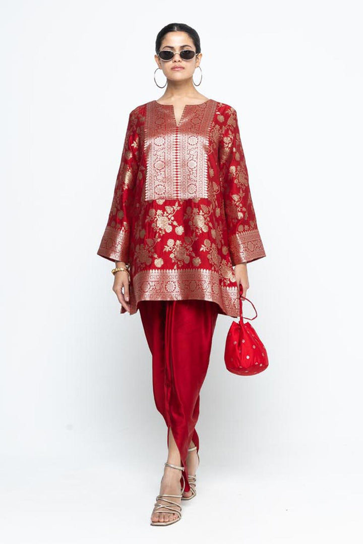 Gul Floral Brocade Kurta With Dhoti Set- Red