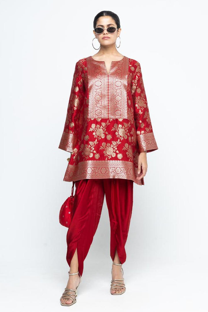 Gul Floral Brocade Kurta With Dhoti Set- Red