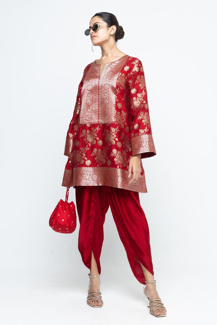 Gul Floral Brocade Kurta With Dhoti Set- Red